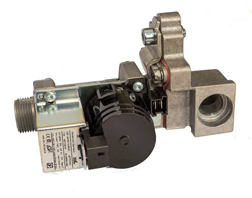 Gasarmatur von Daikin mit einem schwarzen Motor und metallischem Gehäuse, versehen mit Anschlüssen und einer Kennzeichnung auf der Unterseite.